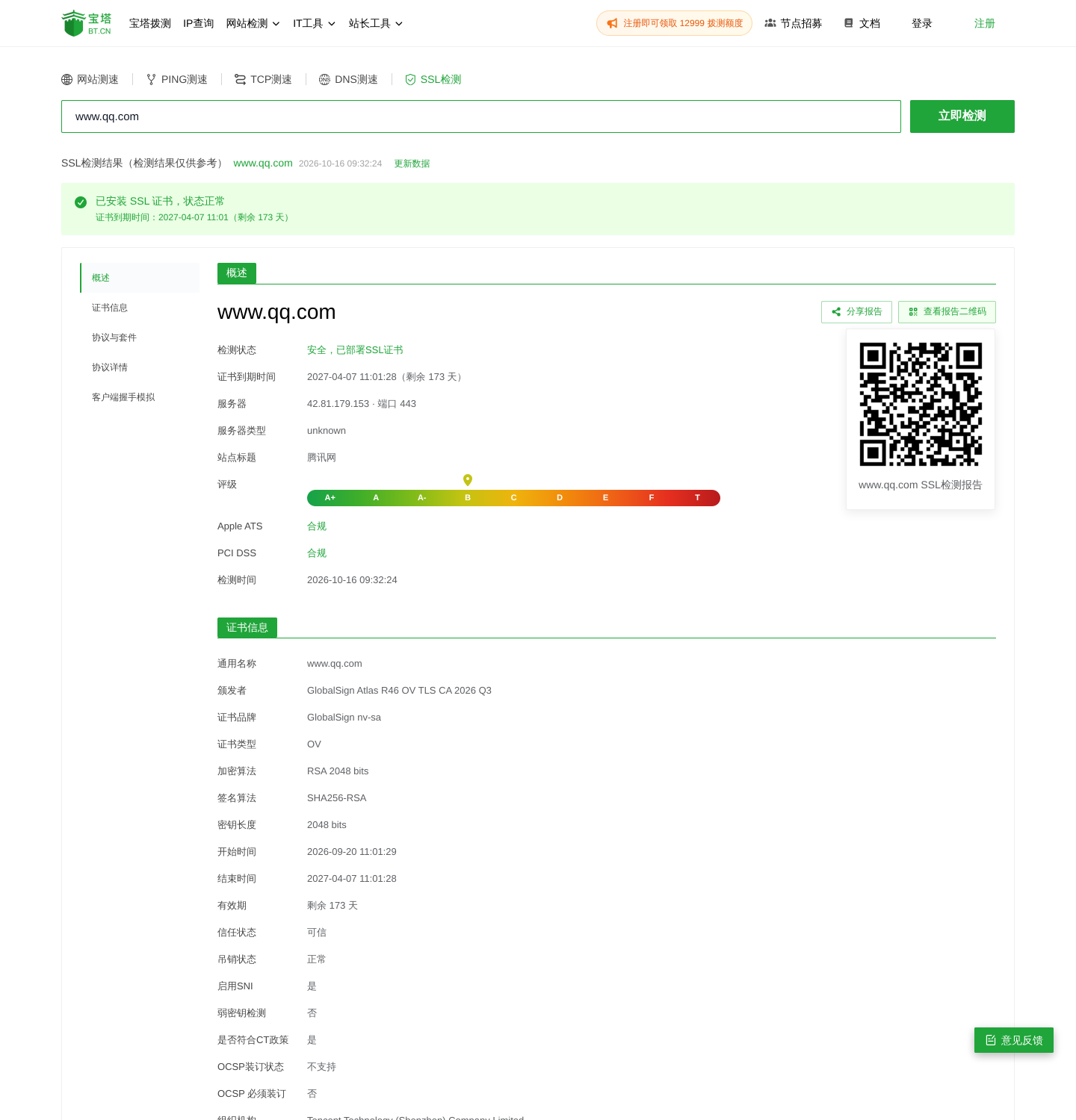 www.qq.com 的 SSL 证书检测结果：状态正常、OV 证书、www.qq.com 单域名、剩余 173 天
