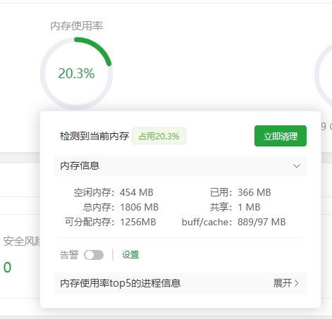 宝塔面板首页的内存使用率，含内存总量、使用量与 buff/cache